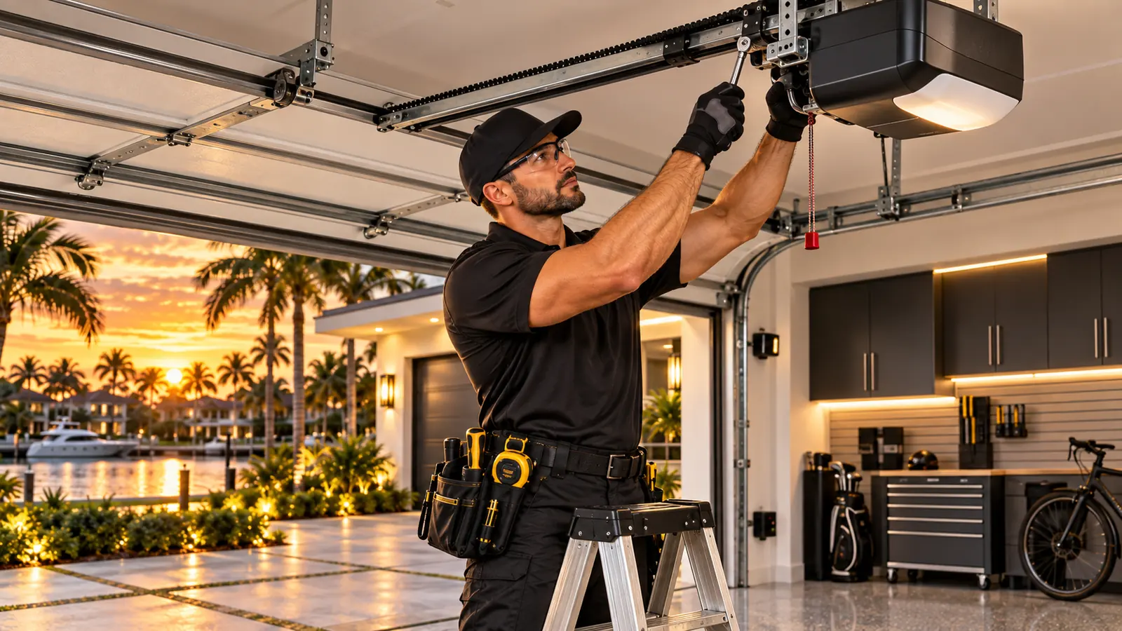 Technician installing a belt-drive garage door opener inside a garage