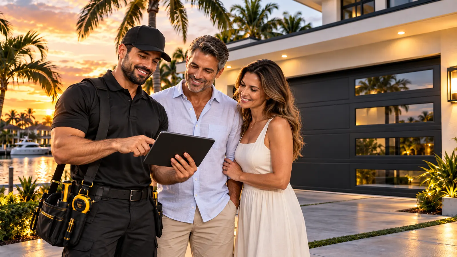 Technician reviewing the written quote with two homeowners on a tablet in the driveway