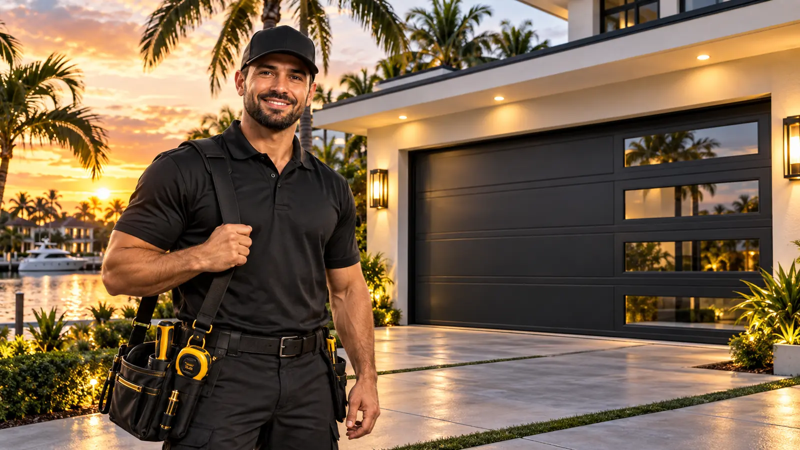 Palm Beach Garage Door Masters technician with tool bag in front of a black sectional garage door at sunset