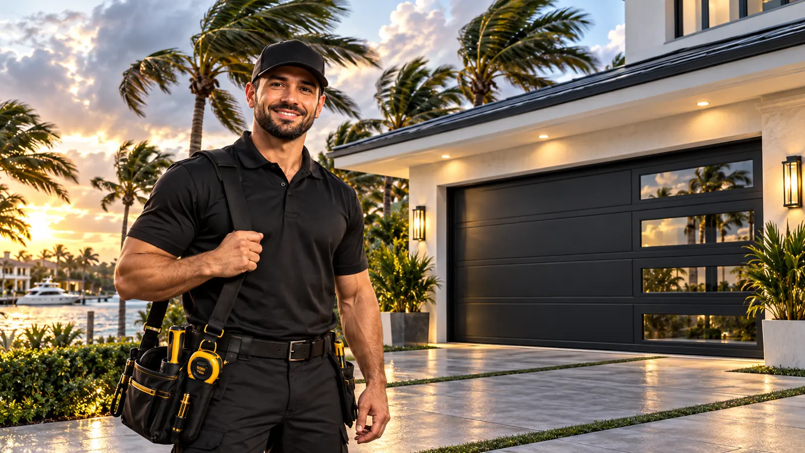 Palm Beach Garage Door Masters technician in front of a black garage door at sunset