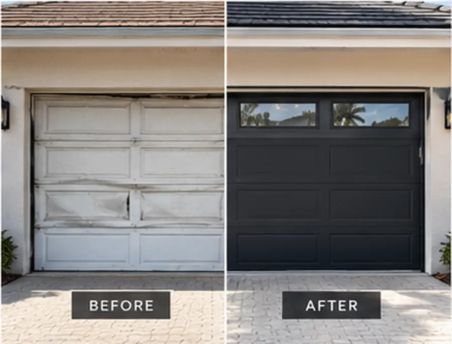 Before and after: a damaged white garage door replaced with a new black sectional door