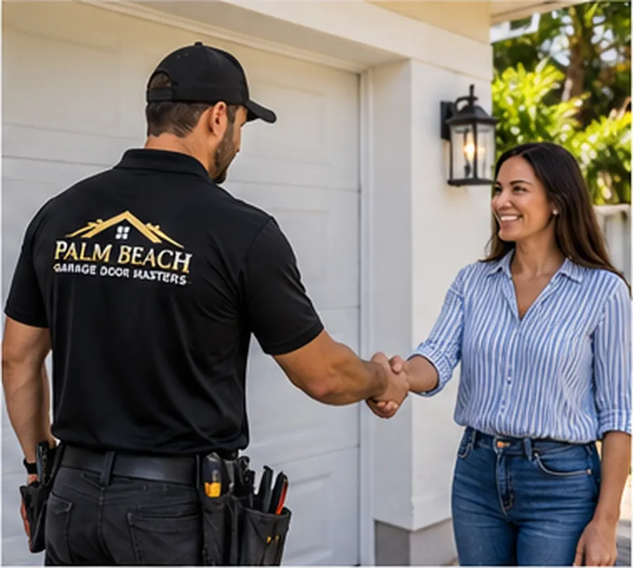Technician shaking hands with a homeowner in front of her garage door