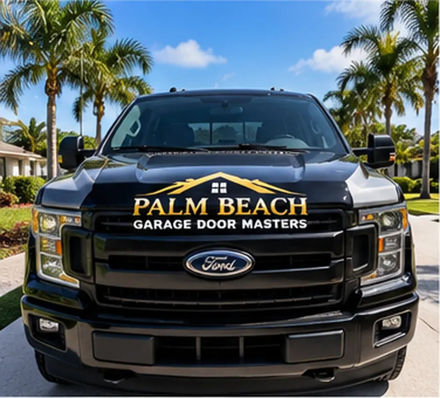 Palm Beach Garage Door Masters service truck parked in a residential driveway