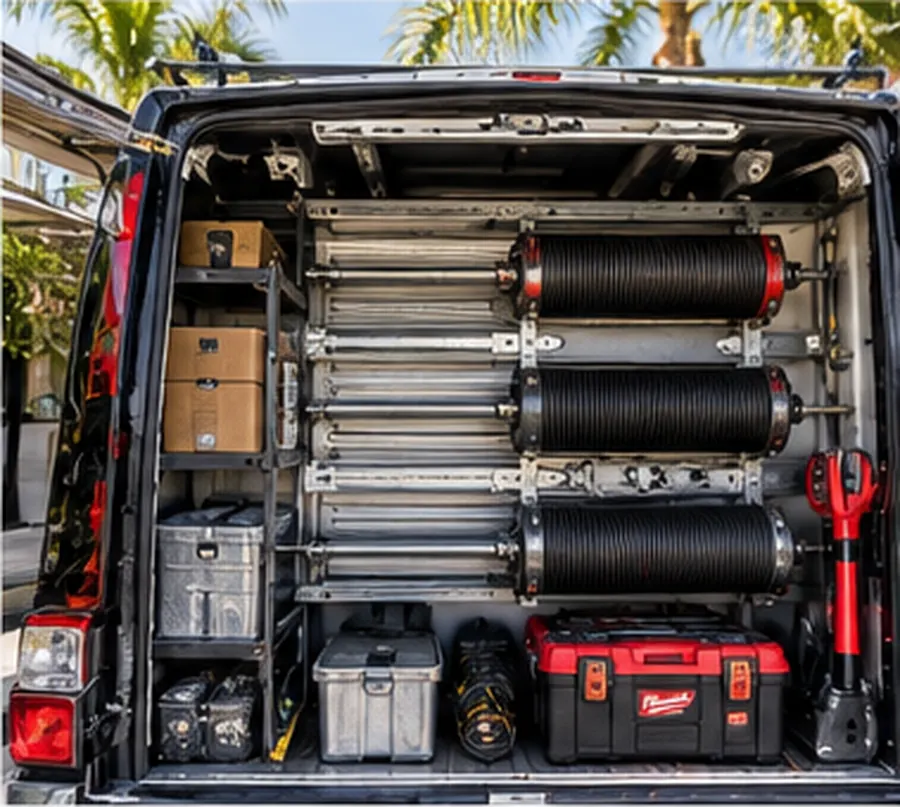 Open service van stocked with torsion springs, cables and tools