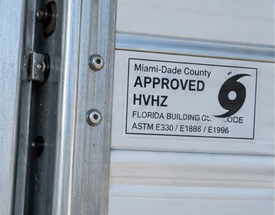 Miami-Dade County approved label on a hurricane-rated garage door, Florida Building Code HVHZ